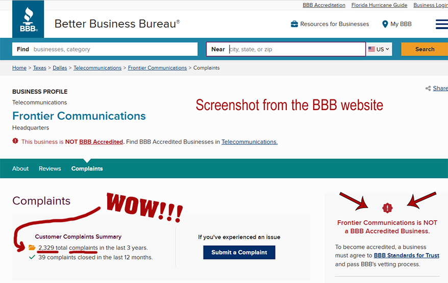 Screenshot from the Better Business Bureau